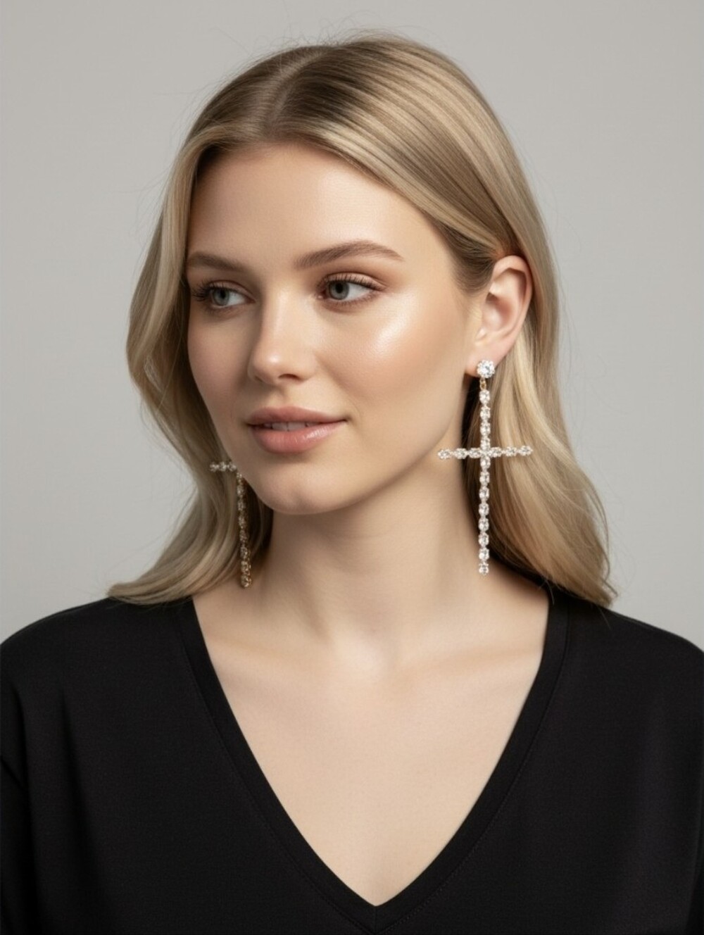 💛▪️Atterri ▪️Gold Cross Drop Cubic Zirconia Dangle Earrings
